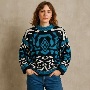 Helium Vintage 80s Teal Black White Abstract Graphic Knit Sweater‎ Geometric M/L